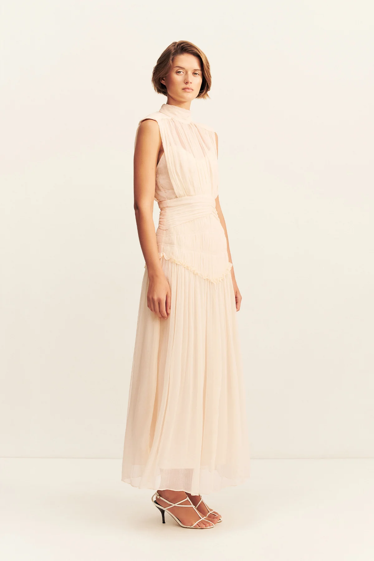 CLEMENCE HIGH NECK MIDI DRESS - CREAM - Image 3