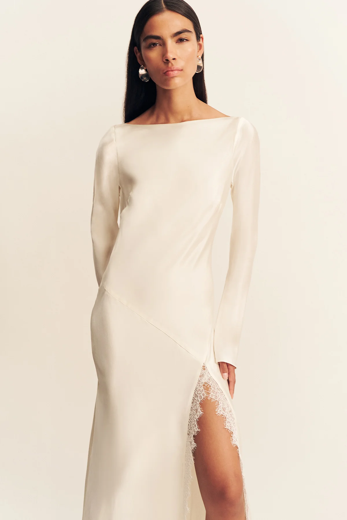 LA LUNE CUMULUS SILK BACKLESS LACE SPLIT MAXI DRESS - IVORY - Image 2
