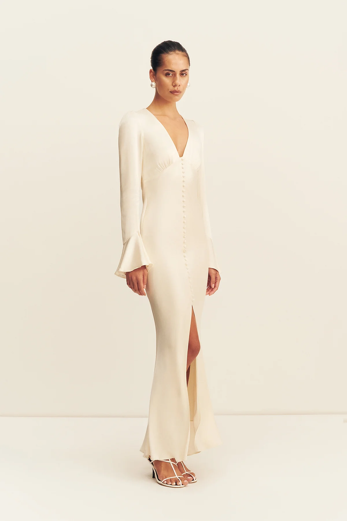 LA LUNE FRILL CUFF BIAS MIDI DRESS - CREAM - Image 4