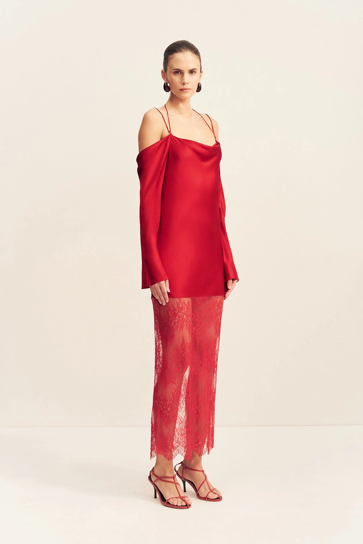 LABYRINTH LACE OFF SHOULDER MAXI DRESS - CHERRY - Image 3
