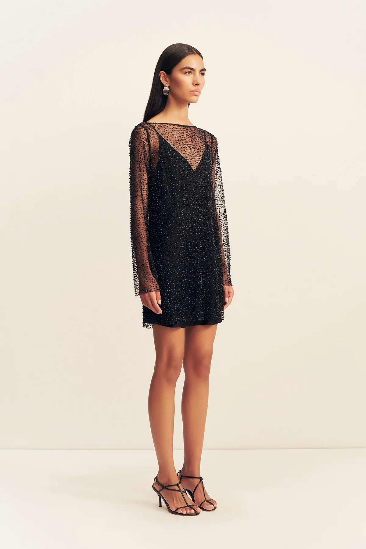 MONA BEADED LONG SLEEVE MINI DRESS - BLACK - Image 3